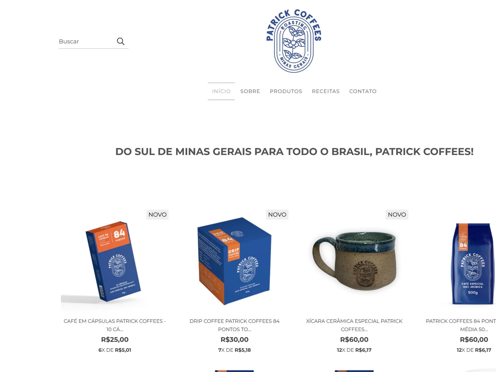 Loja antiga da Patrick Coffees no computador, com logo central e vitrine simples