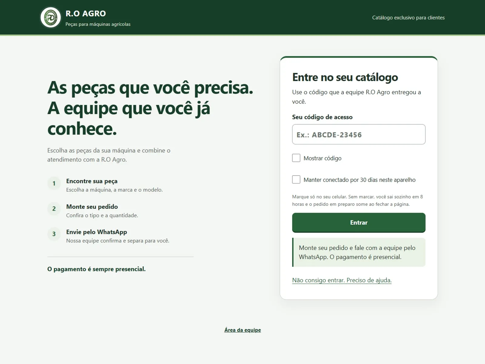 Página de entrada do catálogo da R.O Agro, com acesso por código do cliente